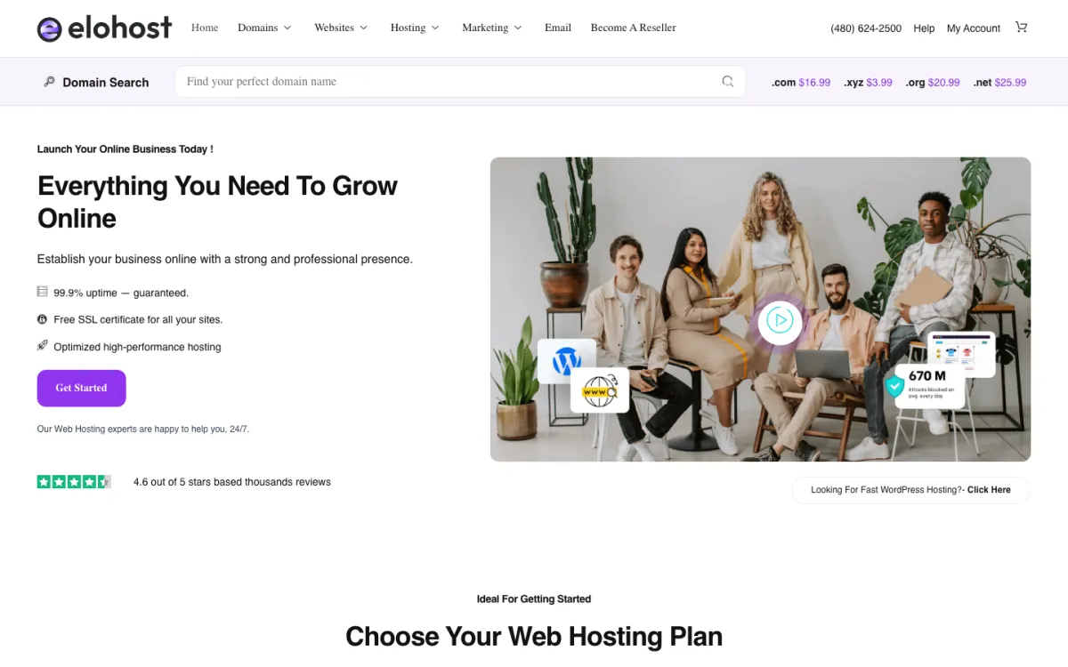 Homepage of Elohost showing web hosting, domain, email, and reseller services