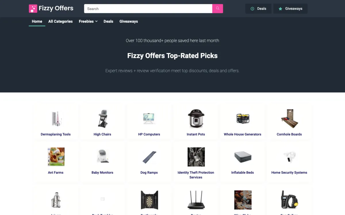Homepage of Fizzy Offers showing deals, giveaways, and product categories