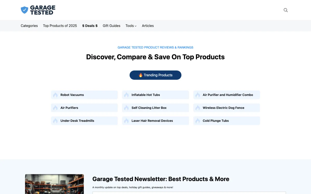 Garage Tested website homepage preview