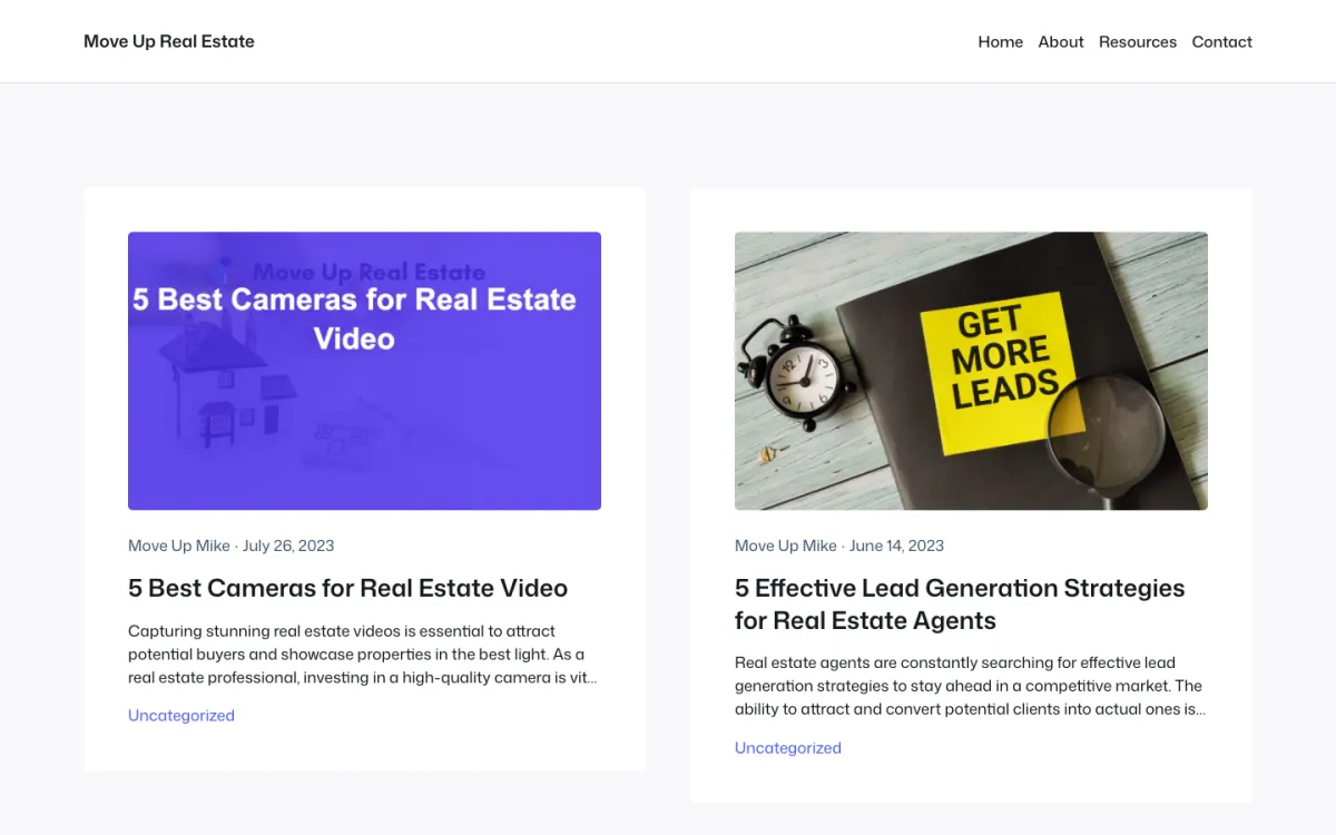 Homepage of Move Up Real Estate showing marketing resources for real estate agents