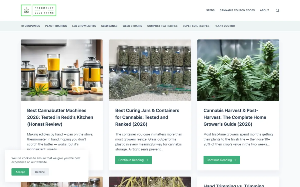 Homepage of Paramount Seed Farms showing cannabis cultivation guides and product content