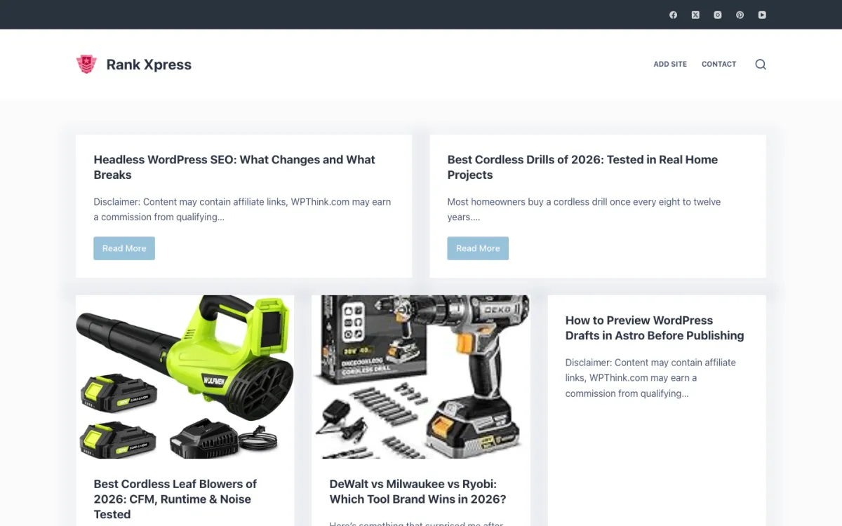 Homepage of Rank Xpress showing ranked articles and product-led content